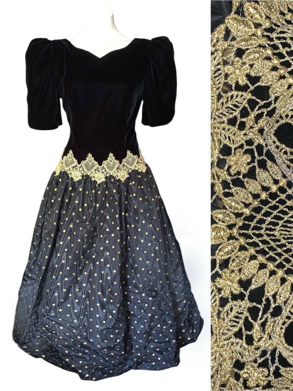 d o t :: Vintage Velvet Polka Dot Puff Sleeve Lace Dress